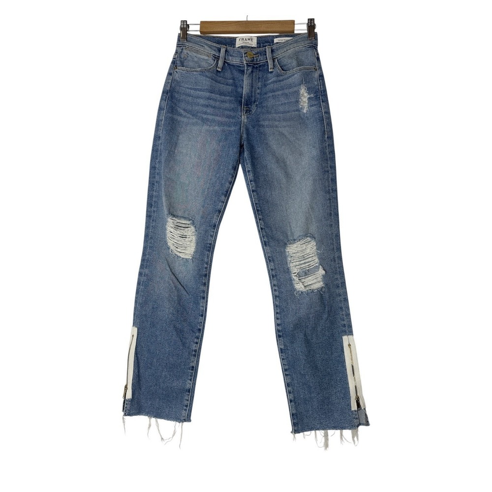 Frame Le One Flare Jeans Womens Size 26 Blue Stretch Straight Distressed